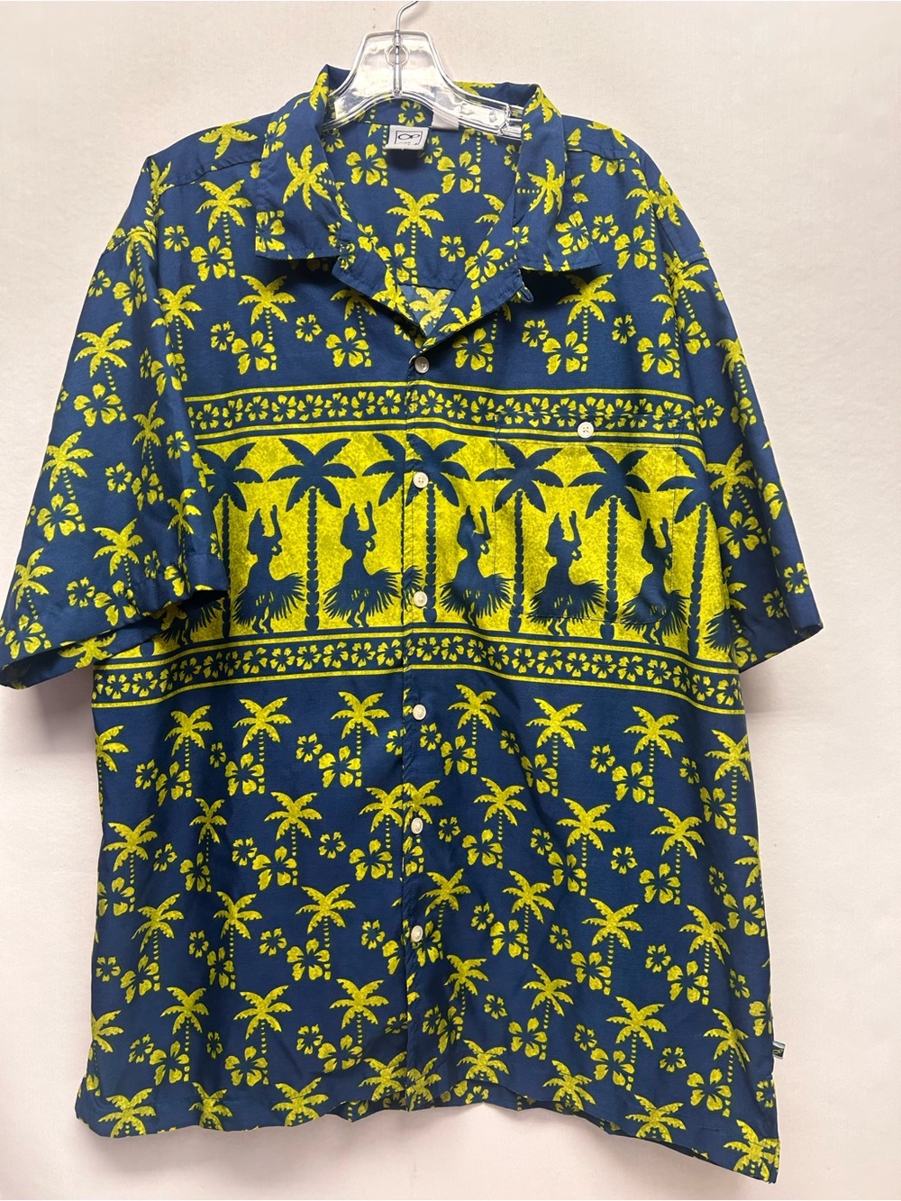 Men's Navy & Yellow Hawaiian Short-Sleeve Shirt VTG OP